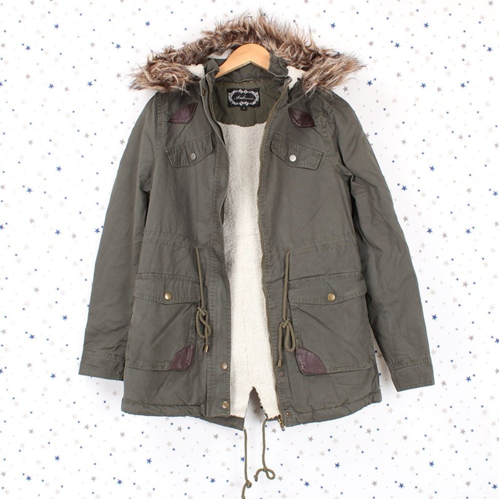 Fur Lined Faux Fur Hooded Utility Military Jacket